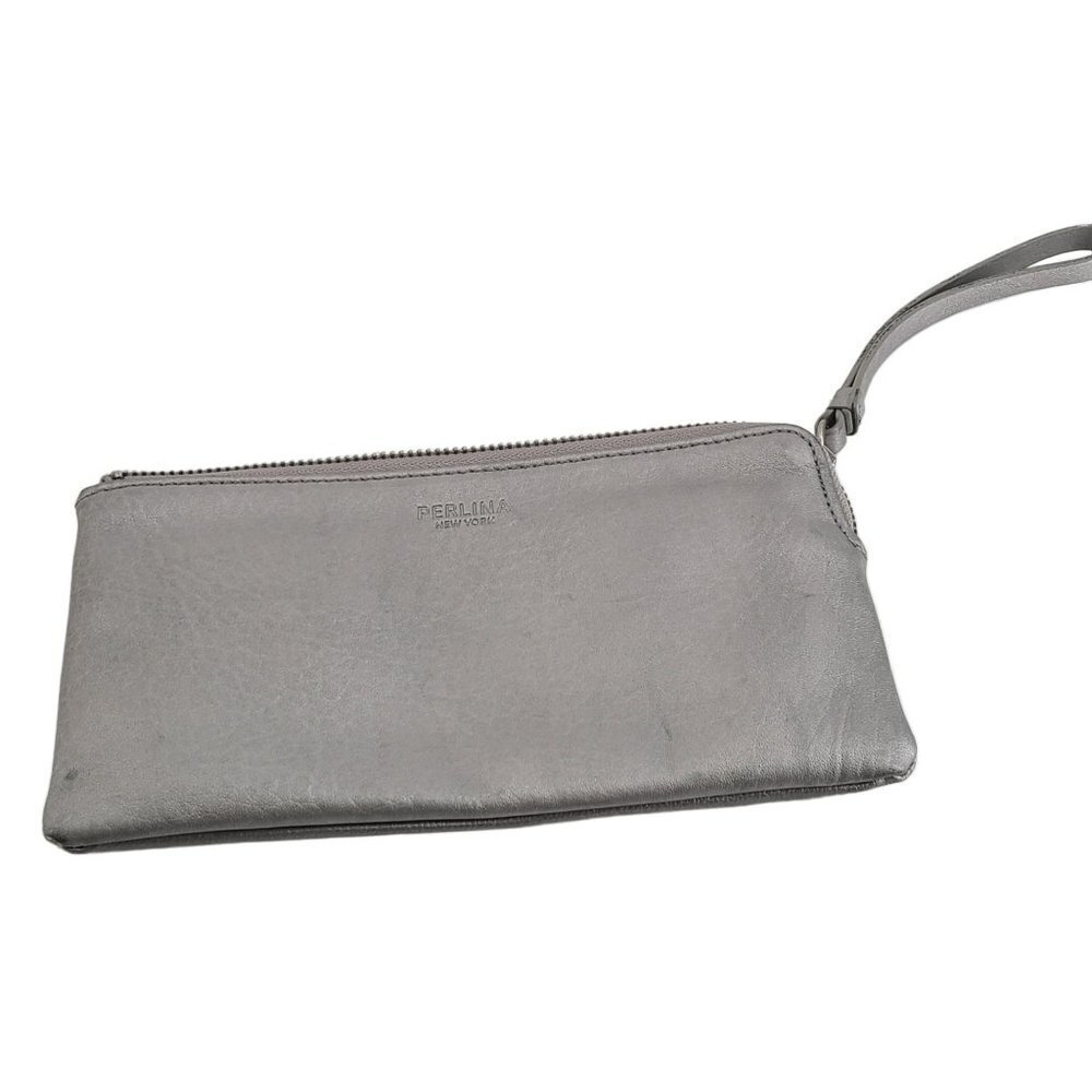 Perlina New York Silver Gray Leather Wristlet Clutch